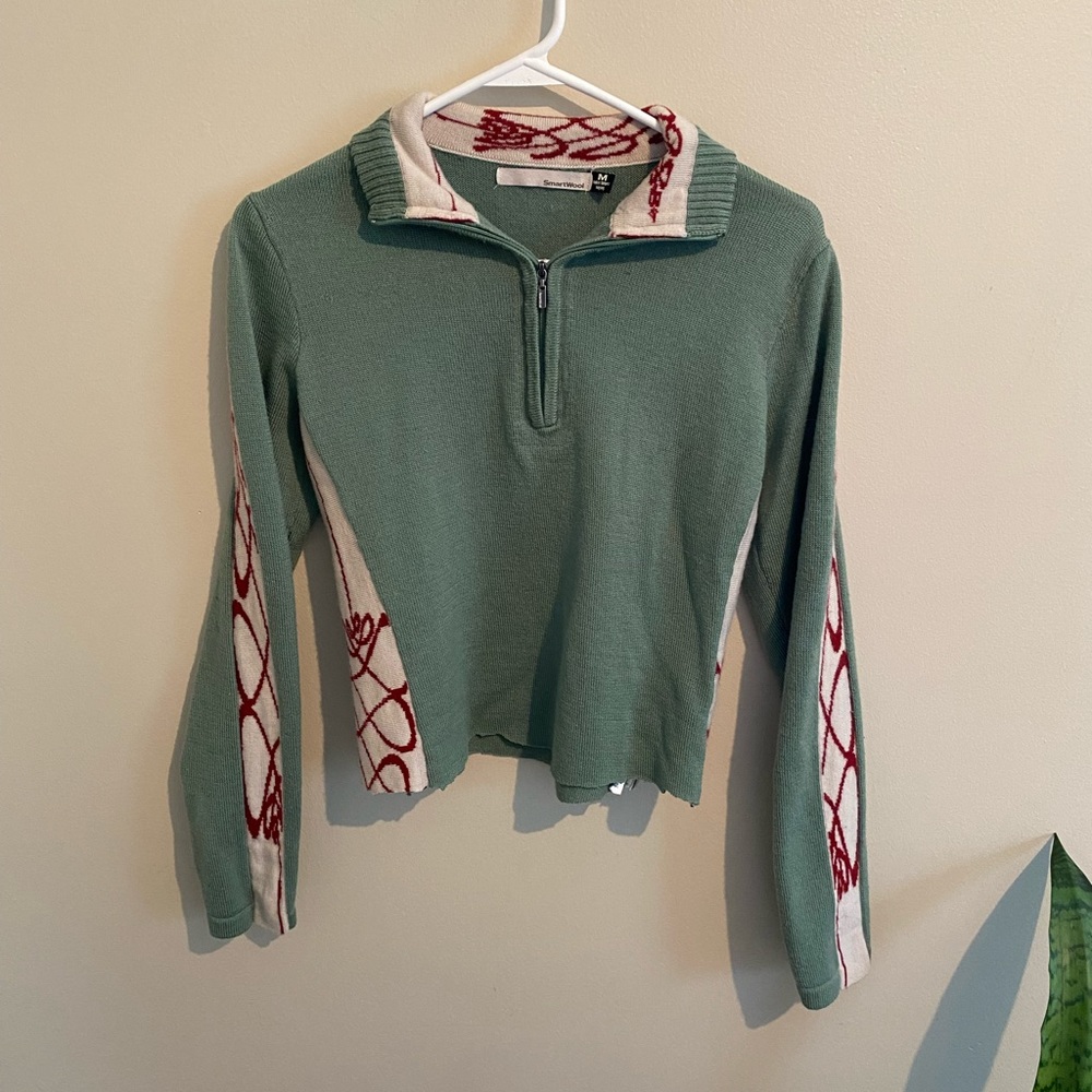Vintage wool green cropped half zip with design